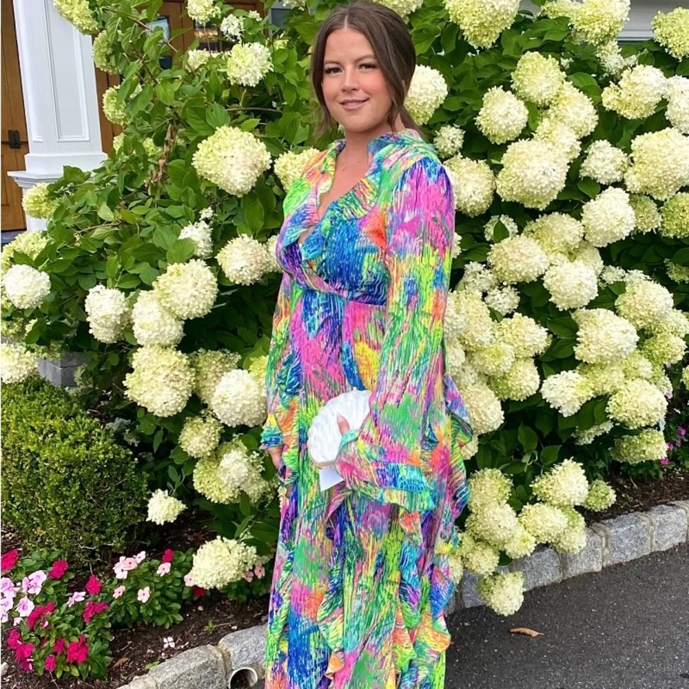 Show Me Your MUMUNeon Rainbow Ruffle Maxi Dress